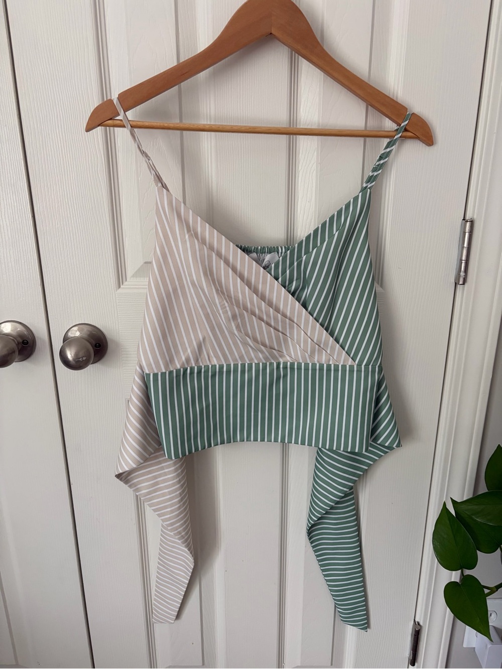 Striped Two-Tone Green & Beige Wrap Top - Women